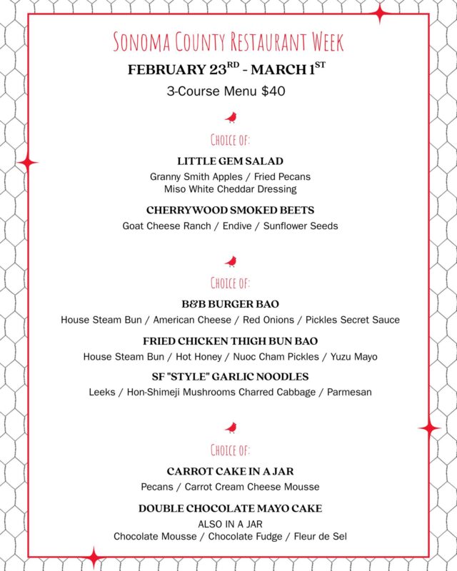 We’re in for Sonoma County Restaurant Week, February 23–March 1.
Available for lunch and dinner, our three-course menu shows off what Bird & the Bottle does best. Add a house cocktail or mocktail and you've got a perfect meal.

If you’ve been meaning to check us out, this is a great place to start. ❤️
@sonomacountyrestaurantweek #dinesoco #restaurantweek #sonomacountyrestaurantweek